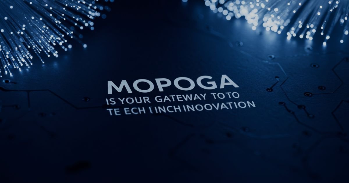 A futuristic and high-tech representation of "Mopoga," featuring digital elements, glowing circuits, and a team collaborating in an advanced tech environment.